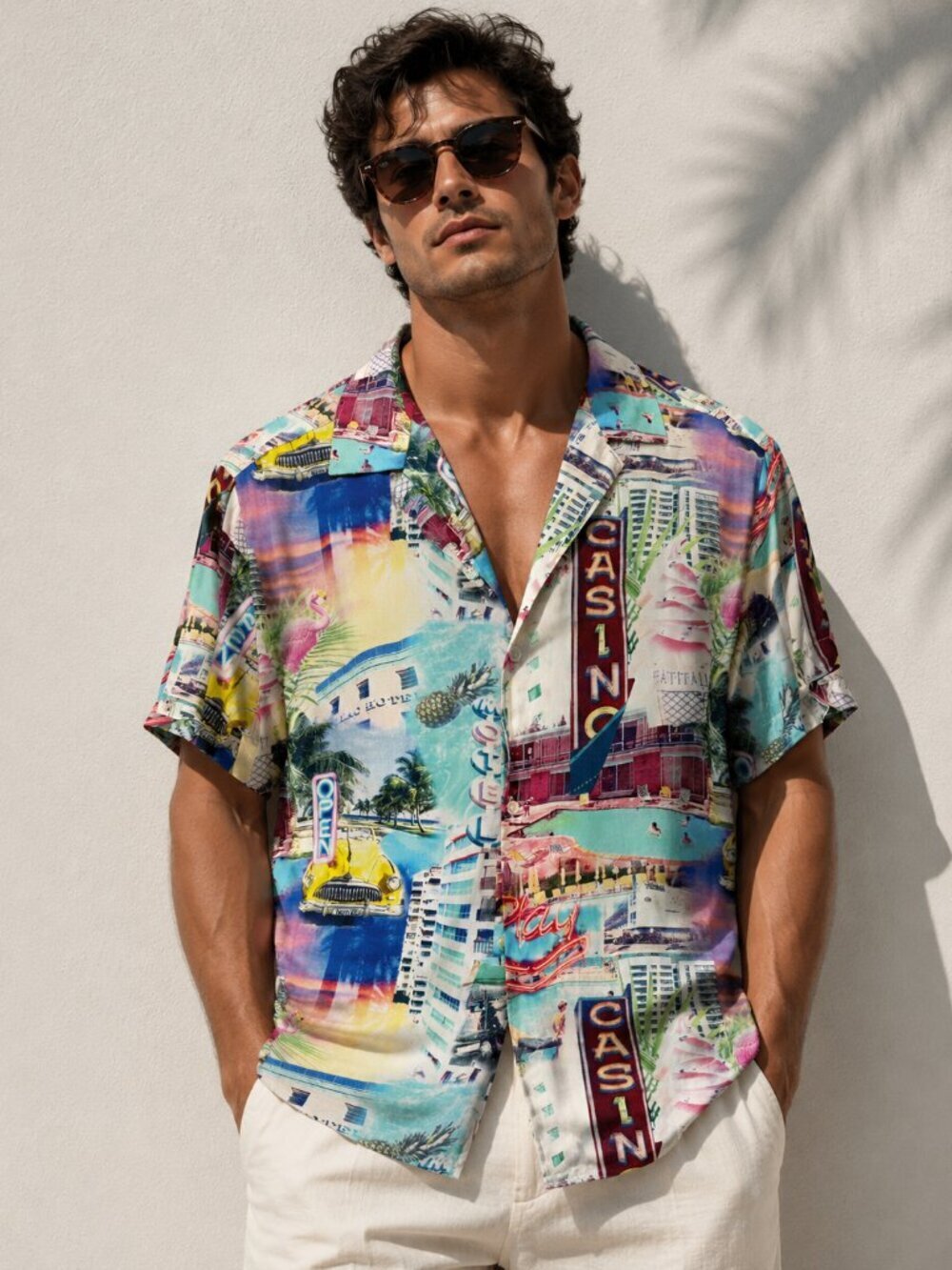 Cactus Man Miami Beach Print Camp Shirt Retro Vintage Cars Flamingo Mens Small